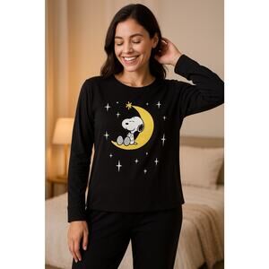Peanuts Snoopy Moon Pajama Top Women’s Small Black Long Sleeve Sleep Shirt